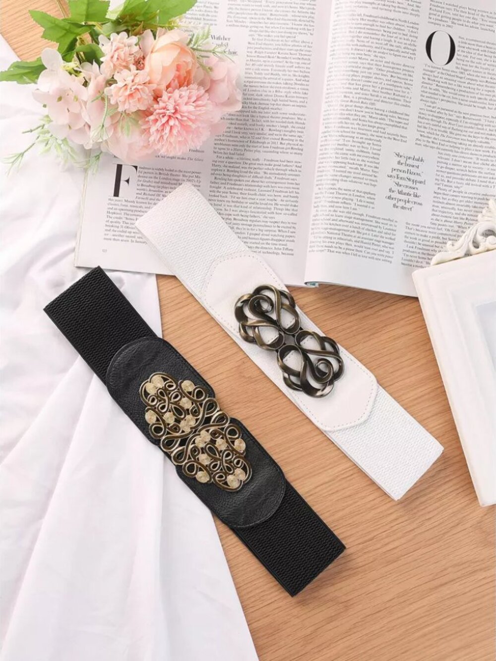 Bundle INSPIRE CHIC Women's Elastic Wide Metal Buckle Stretchy Dress Waist Belts
